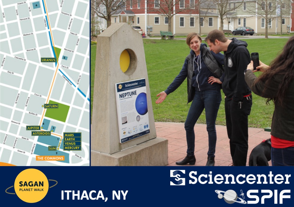 SAGAN Planet Walk Sidebar Image - Map with group of guests at Neptune station in downtown Ithaca