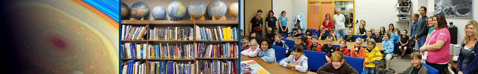SPIF Banner: globes library visitors